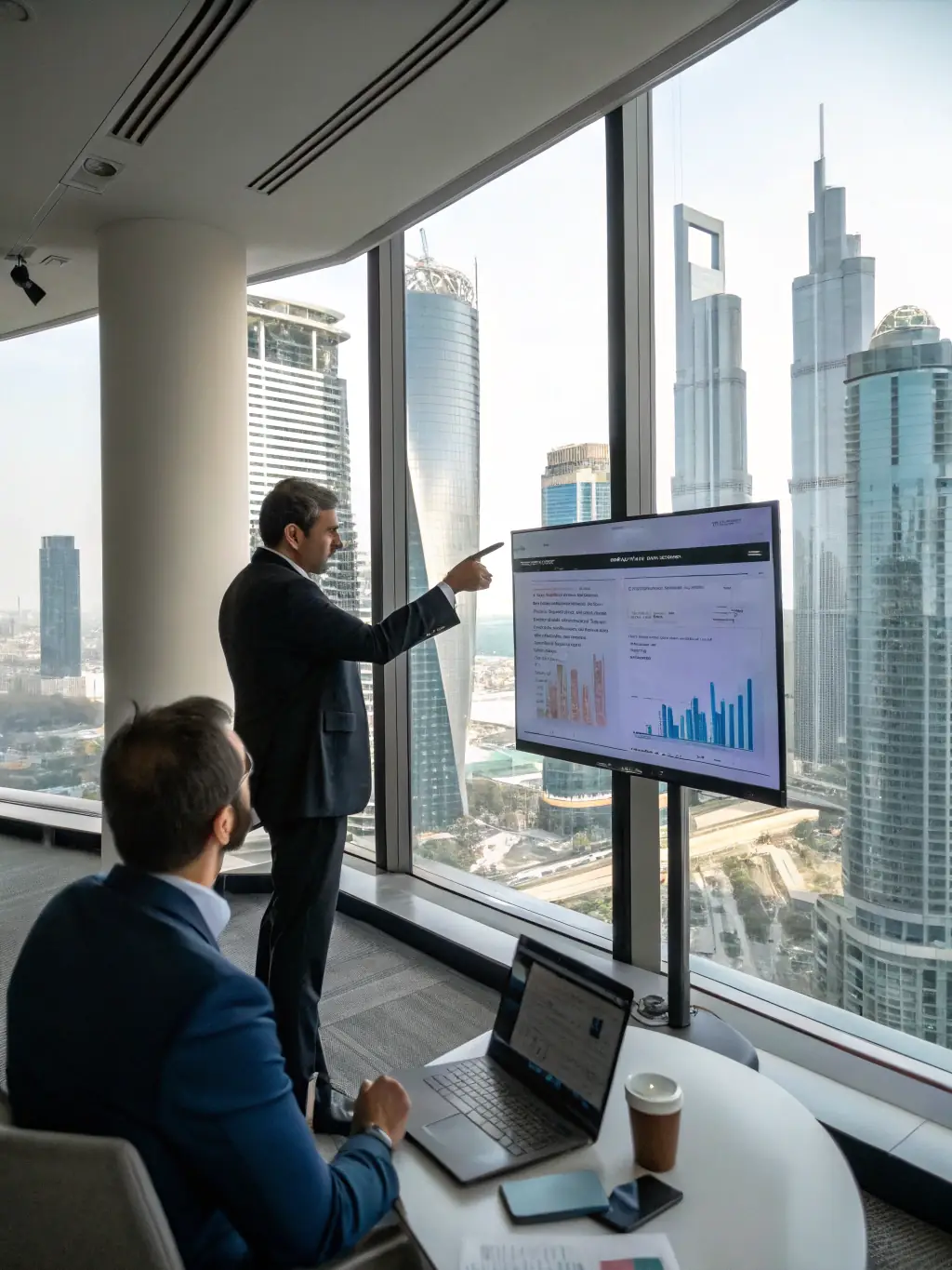 A consultant discussing AI strategy with a client in a modern office setting, emphasizing collaboration and strategic planning.