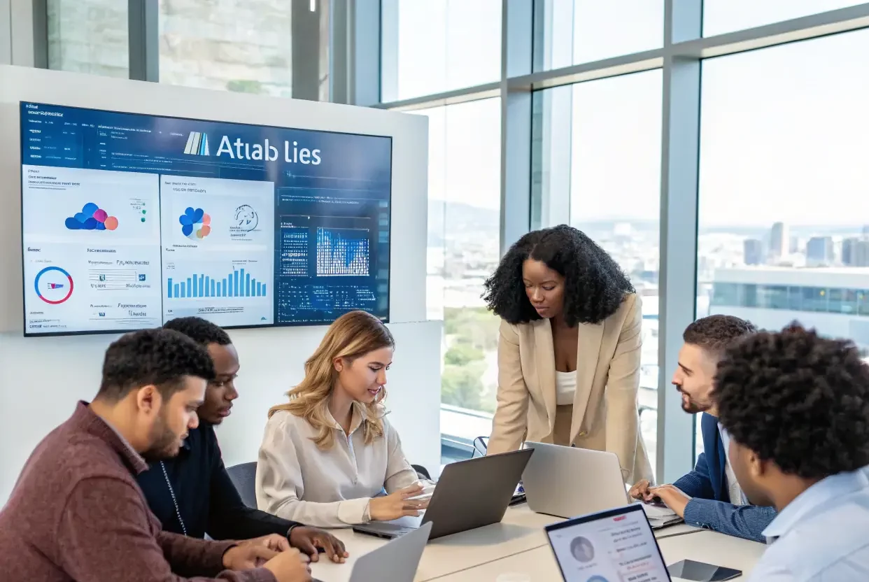 A professional photograph depicting a sales team celebrating a successful deal closure, enhanced by AI-driven insights, in a modern office setting.
