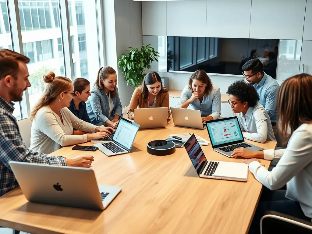 A diverse group of employees is collaborating on a change management initiative, using AI-powered tools to streamline processes and improve communication across departments.