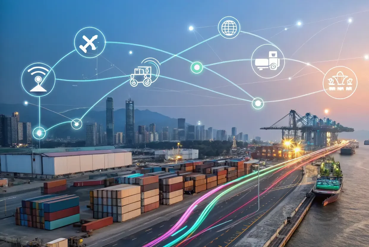 A digital illustration showing a supply chain optimized by AI, with data flowing seamlessly between different stages of the process.