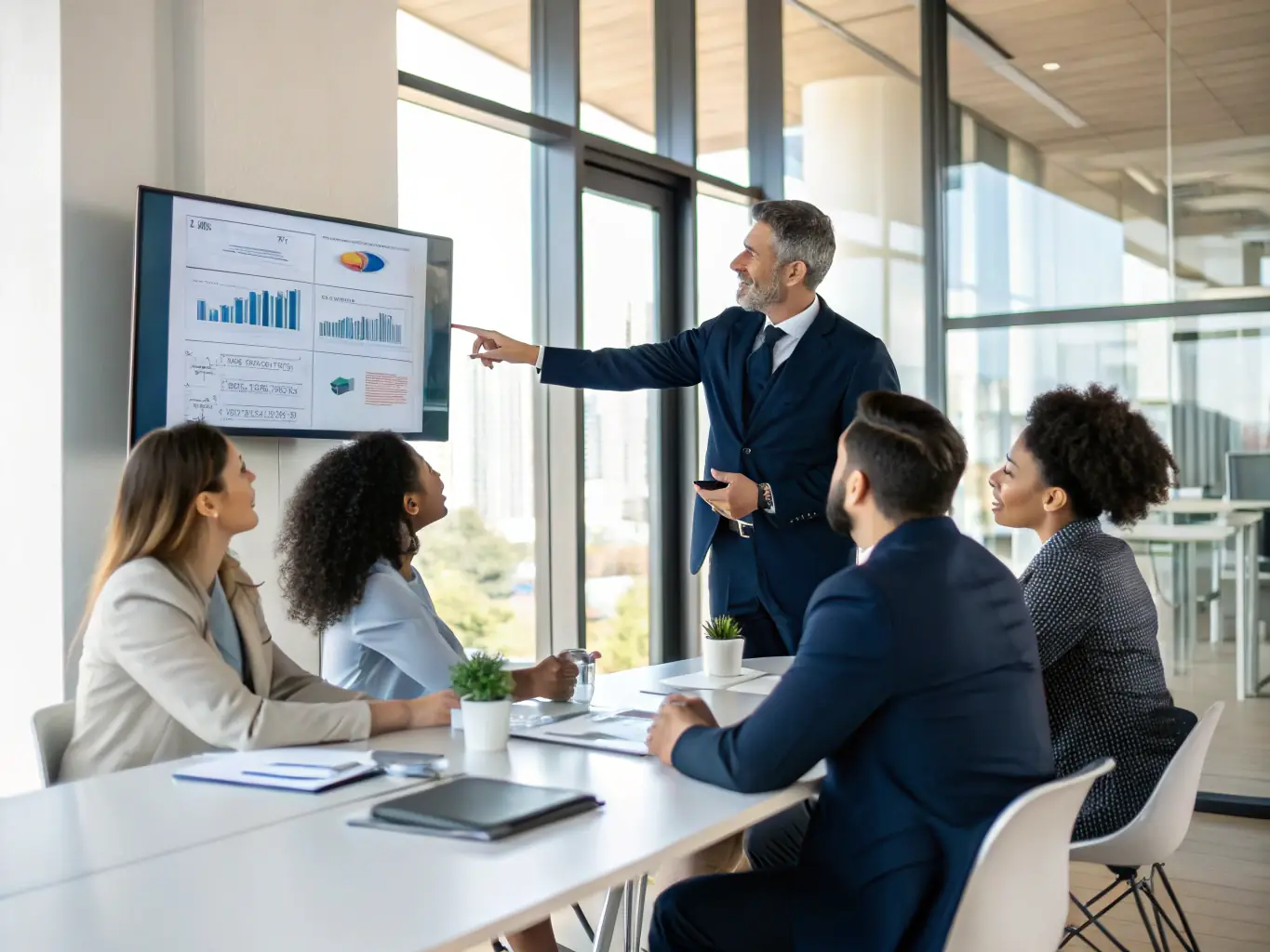 A consultant in a business suit is presenting a strategic plan to a team in a modern office, highlighting key performance indicators and AI-driven insights on a large screen.
