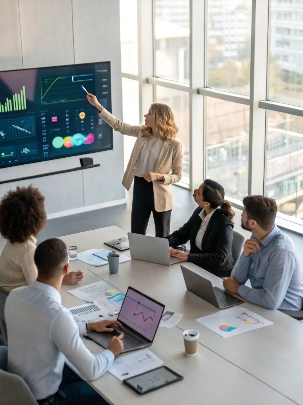 A professional team collaborating on a digital AI roadmap on a large interactive display, showcasing strategic planning and data analysis.