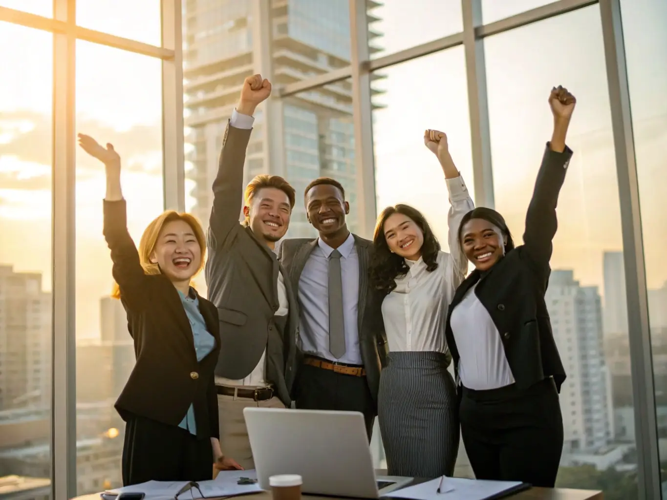 A team is celebrating a successful AI project implementation, showcasing quick wins and tangible results. The image represents G&O Strategy.ai's quick wins and project structuring service.