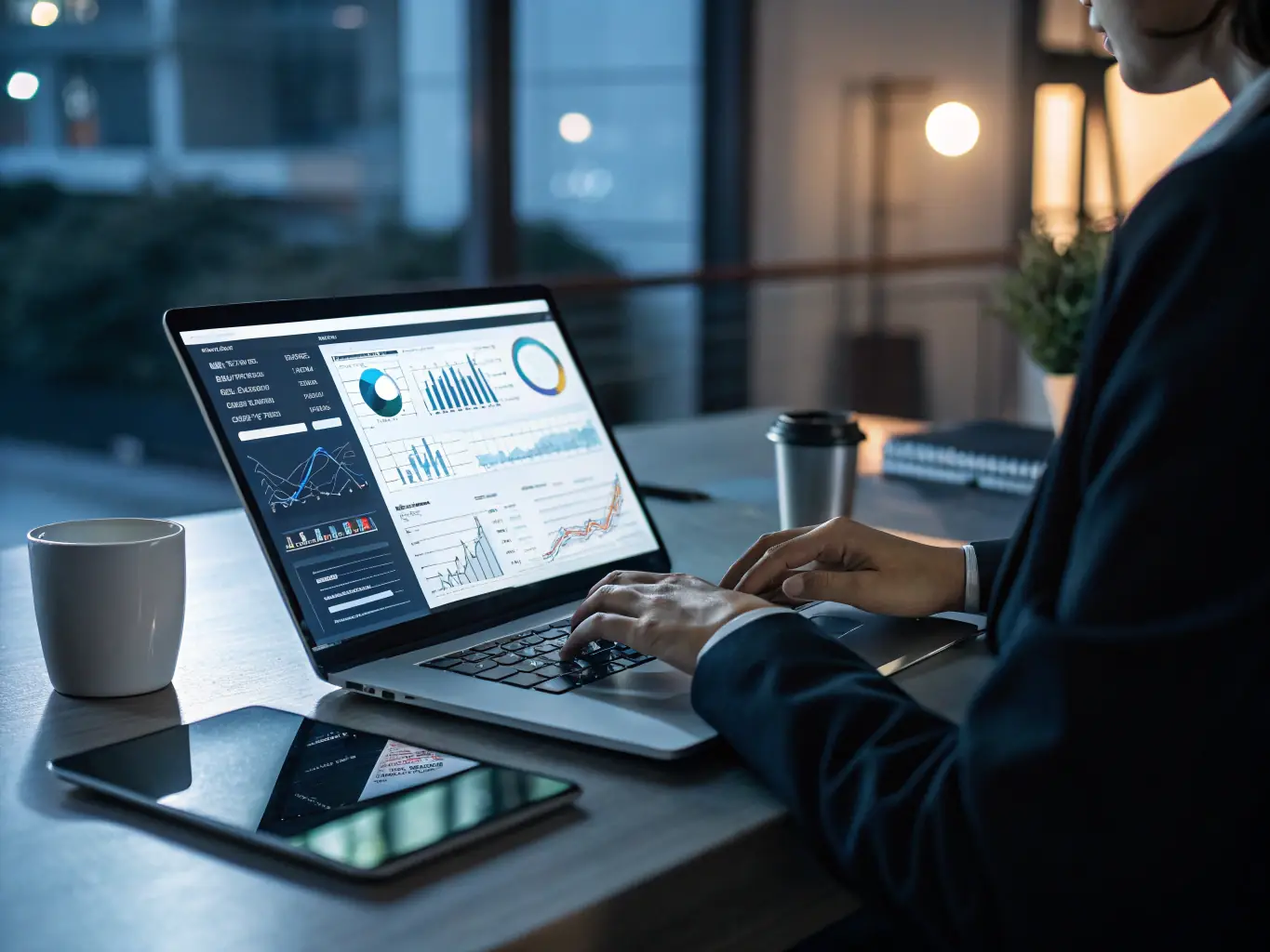 A professional businessman analyzing AI strategy implementation on a digital tablet, with charts and data visualizations in the background, set in a modern office environment.