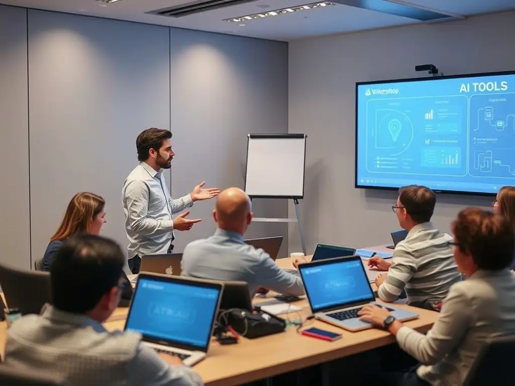 A trainer is conducting an AI training session for a team, equipping them with the skills to effectively use AI tools and adapt to evolving technologies.