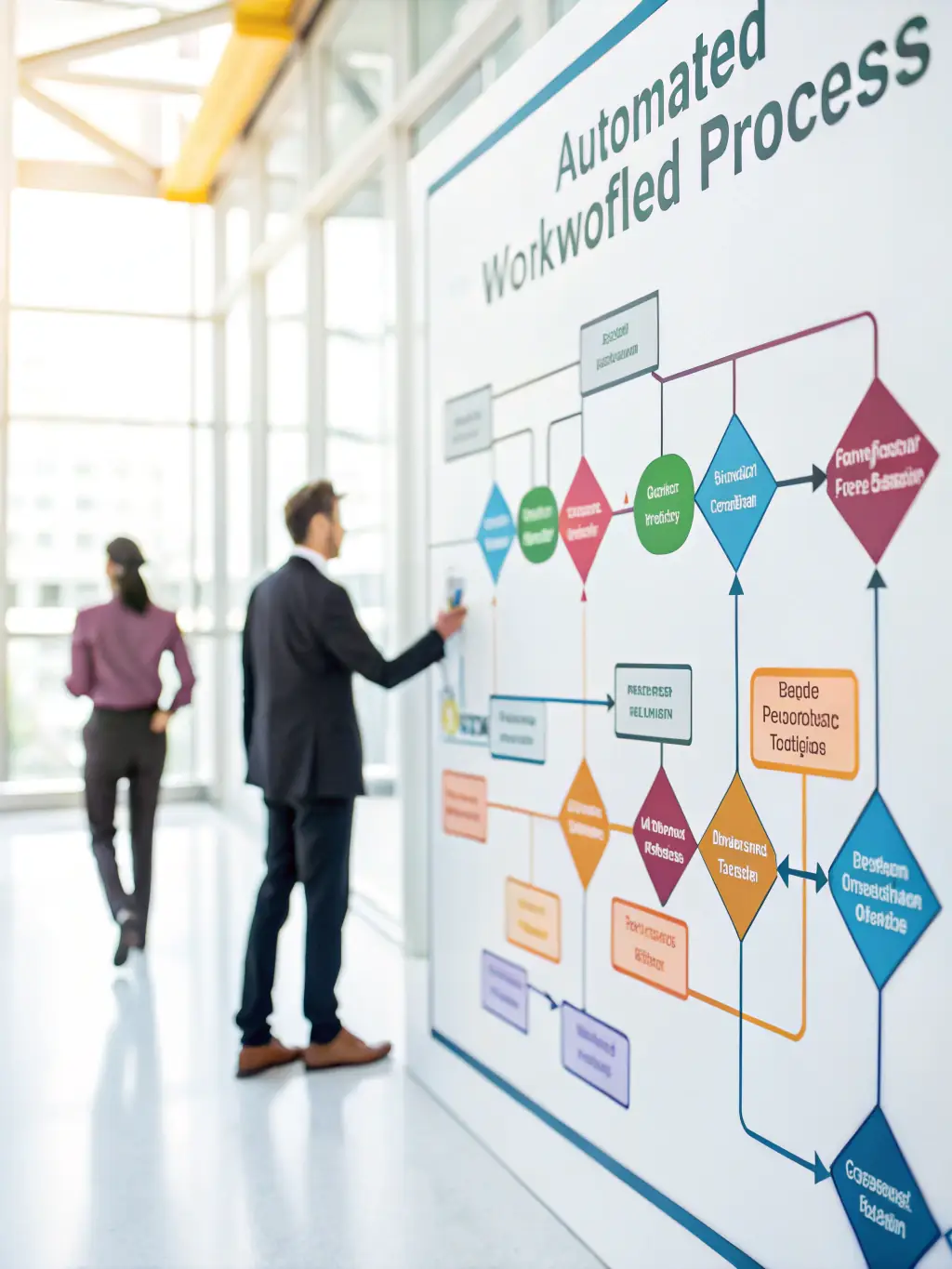 A streamlined business process diagram, illustrating how AI optimizes workflows and improves efficiency.