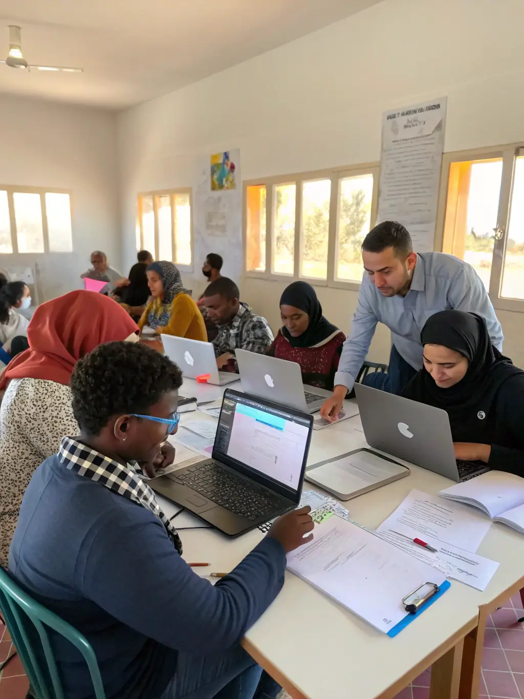 A training session in progress with participants engaged in learning about AI tools, highlighting skill enhancement.