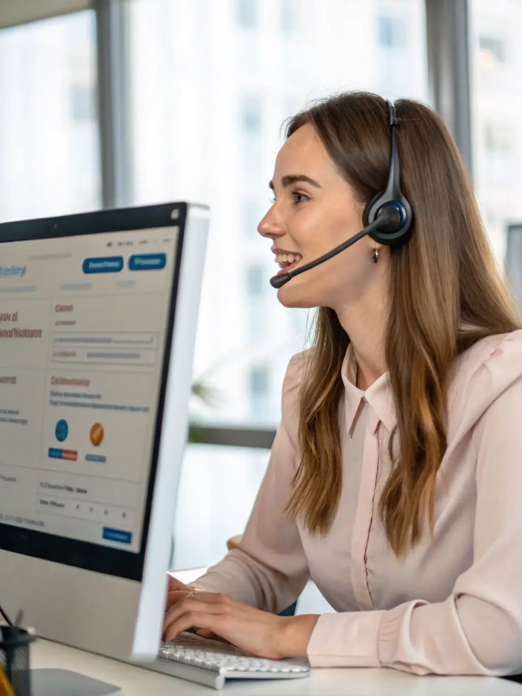 A customer service representative efficiently resolving a customer query using an AI-powered chatbot, demonstrating improved customer satisfaction for a G&O Strategy.ai client.