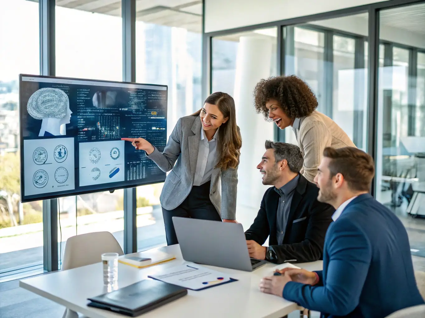 A team of AI specialists is collaboratively working on integrating AI solutions into a client's existing business processes, focusing on minimizing disruption and maximizing efficiency.