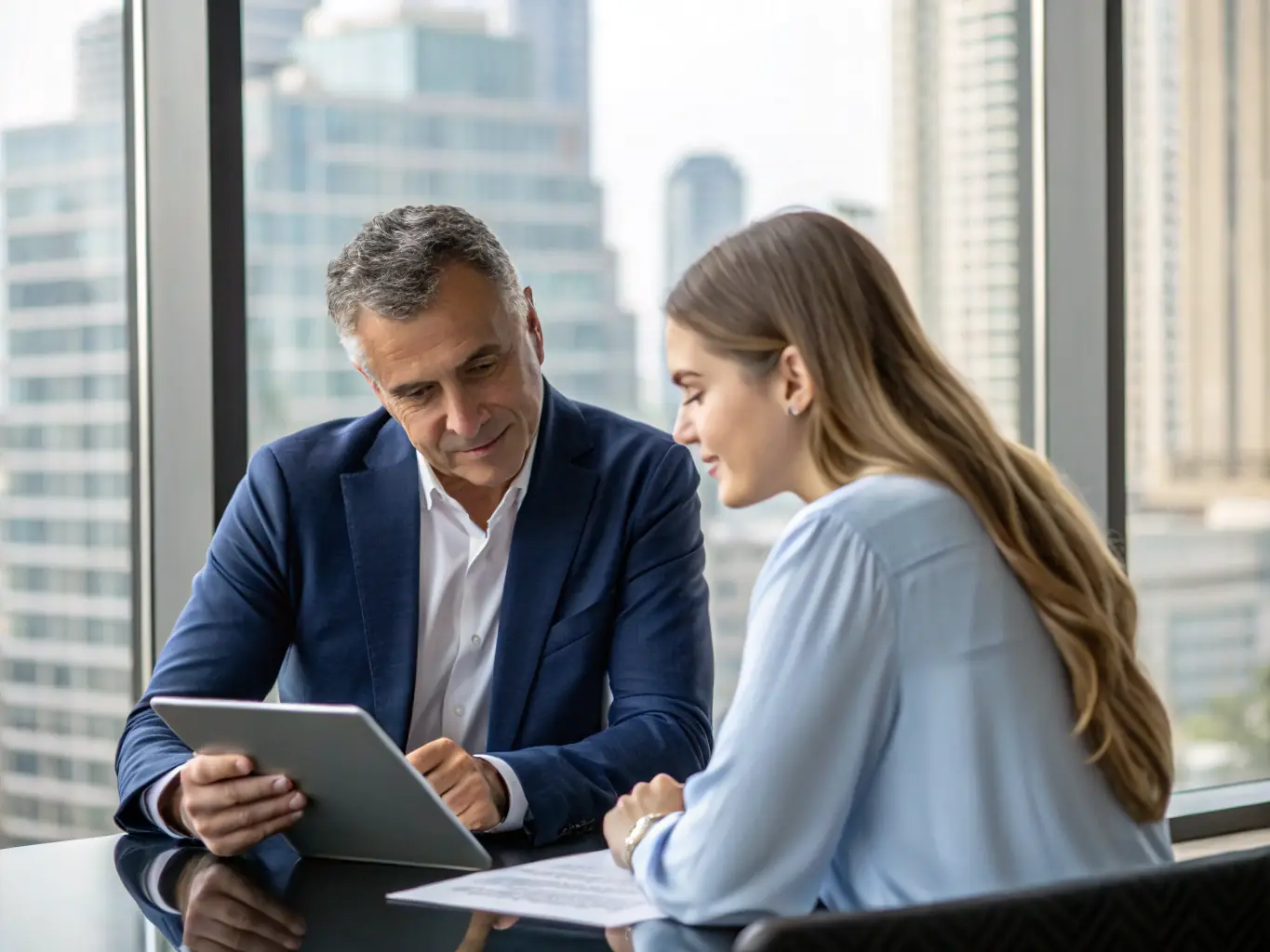 A professional business consultant is conducting an AI audit, reviewing data and processes with a client in a modern office setting. The image represents G&O Strategy.ai's AI audit service.