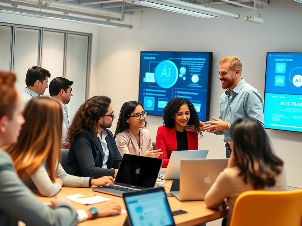 A trainer leading a workshop on AI prompting and automation, with participants actively engaged and using laptops to practice AI techniques.