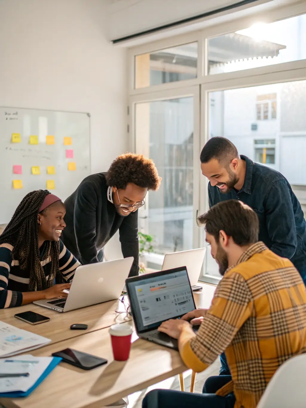 A team collaborating on an AI implementation project with laptops and data visualizations, showcasing seamless integration.